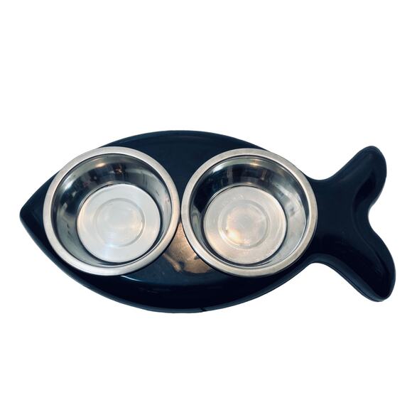 Cat Dish Fish Shaped, Black and Chrome by Blink - Picture 3 of 9
